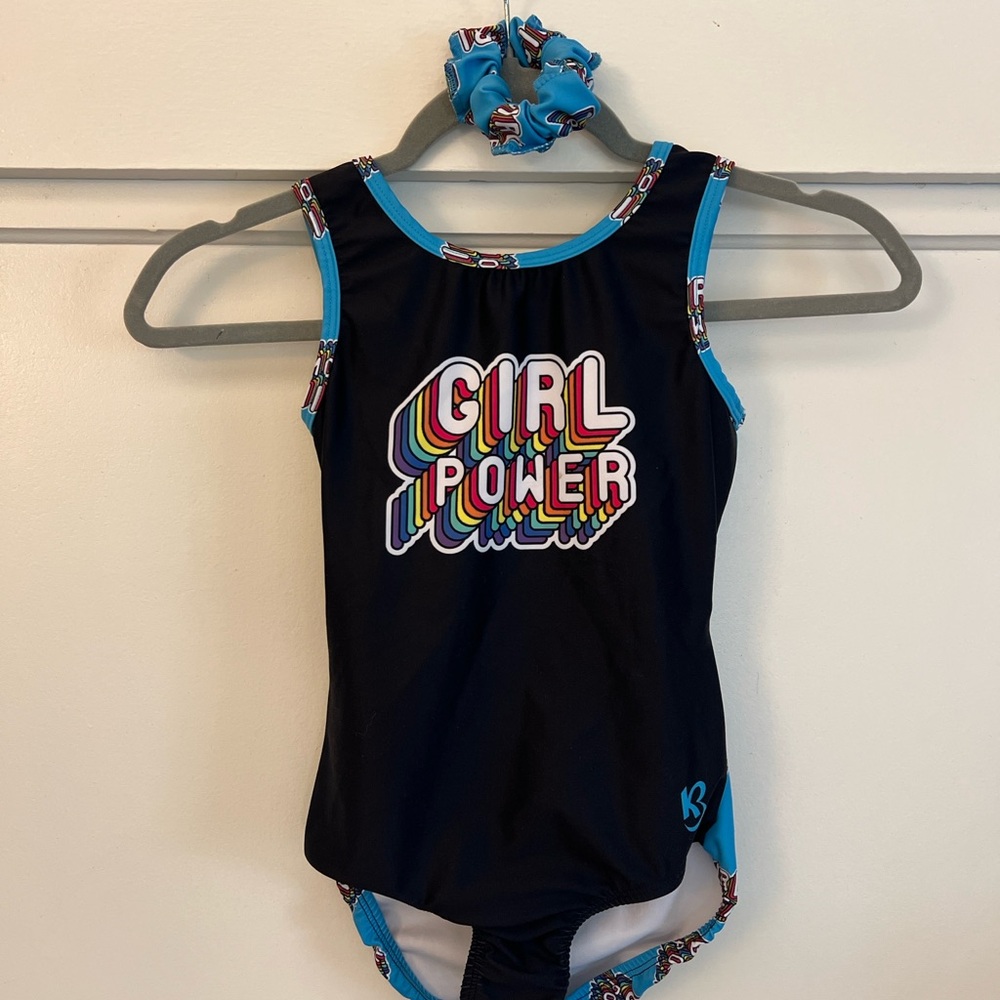 KB- Girl Power Blue Open Back Gymnastics Leotard Size 10/11 - matching scrunchie